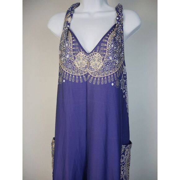 Women's Purple Geometric Print Racerback Pockets Cuffed Ankle Jumpsuit M - Picture 3 of 12